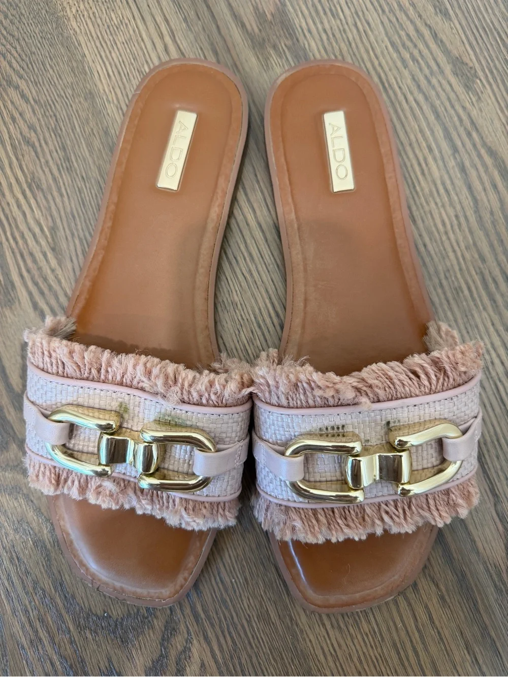 ALDO Blush Pink Fringe Slide Sandals with Gold Chain